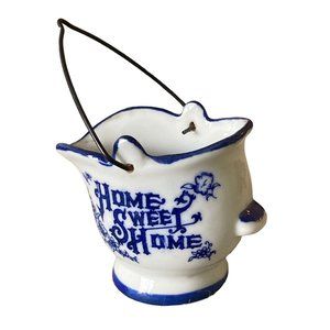HOME SWEET HOME Ceramic Coal Hod Bucket Metal Handle Toothpick Holder 2.5"T  EUC
